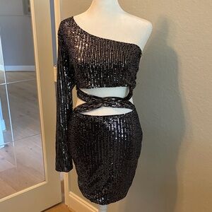 One-Shoulder Sequin Cutout Dress